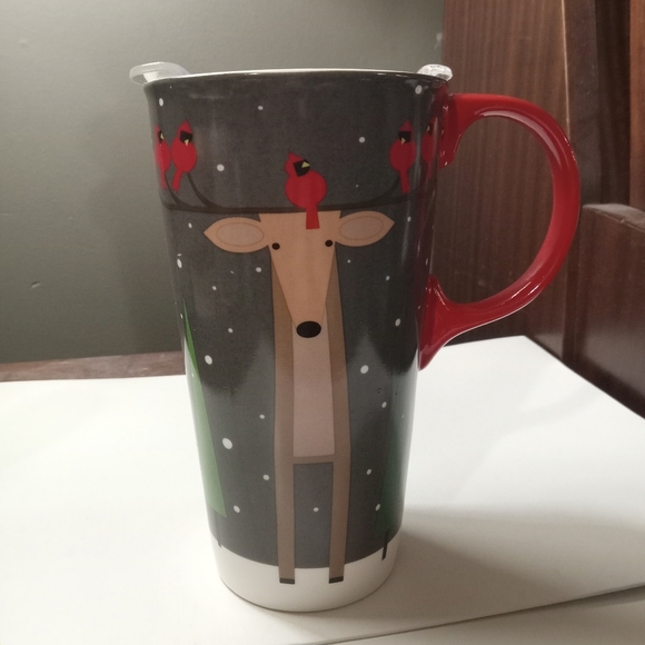 Evergreen Ceramic Travel Cup 17 oz Deer Snow Cardinals Clear Lid - Picture 4 of 8